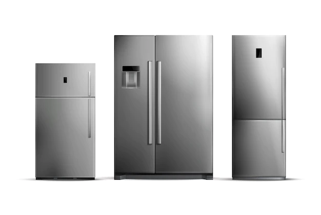 Free Vector | Set of realistic silver fridges of various size isolated on white