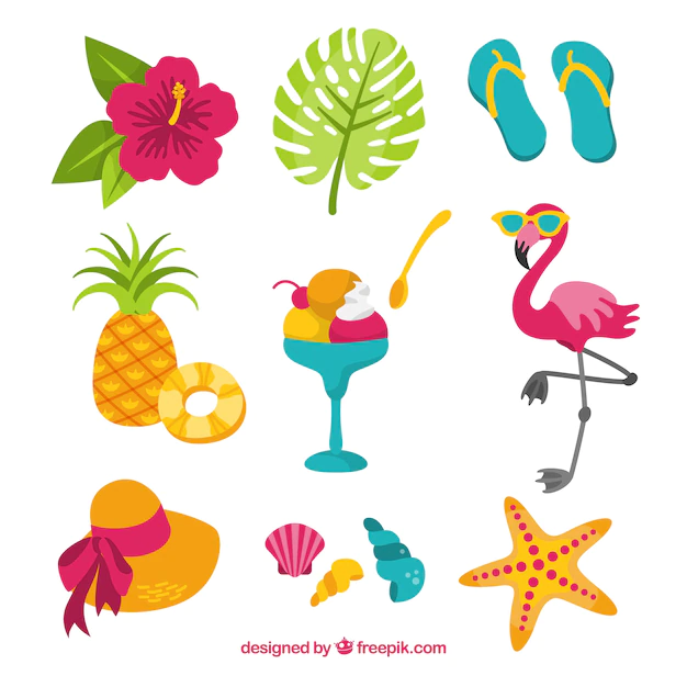 Free Vector | Set of summer elements with food and clothes in flat style