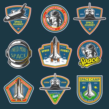 Free Vector | Set of vintage space and astronaut badges, emblems, logos and labels. colored on dark background.