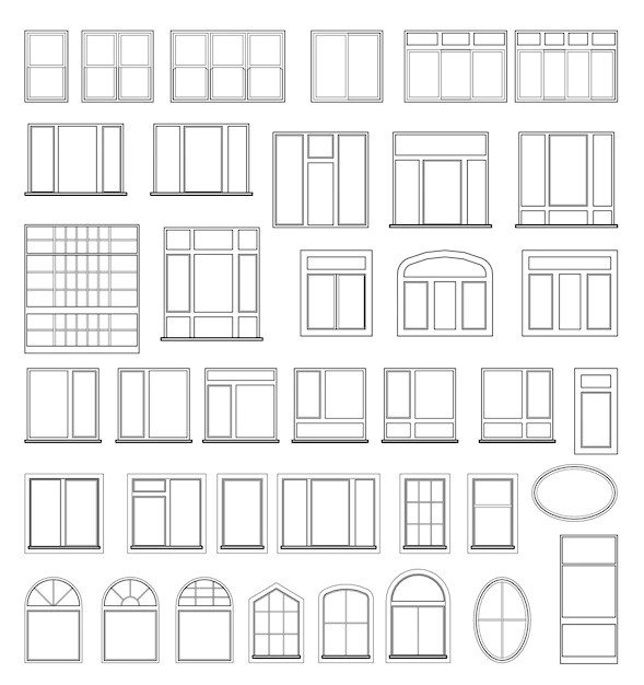 Free Vector | Set of window elements for the design of architectural and construction drawings. illustration in black color isolated on white background.