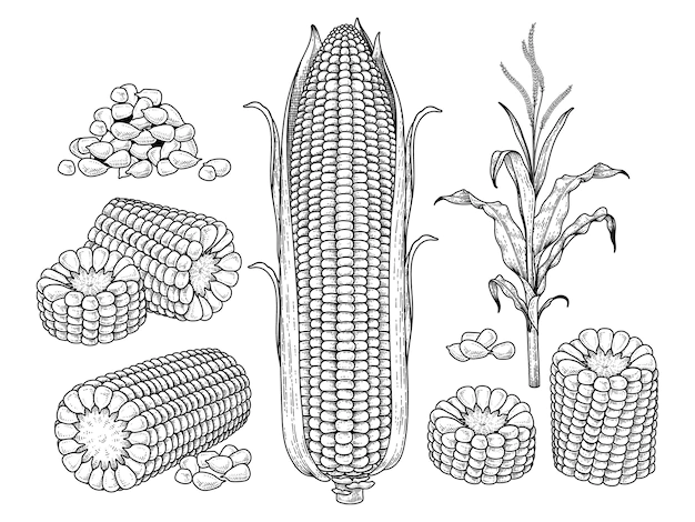Free Vector | Sketch ripe corn decorative set hand drawn botanical illustrations elements retro style