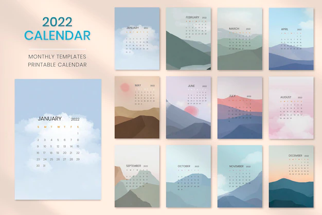 Free Vector | Sky & mountain yearly calendar vector in minimal scandinavian aesthetics printable vector template set