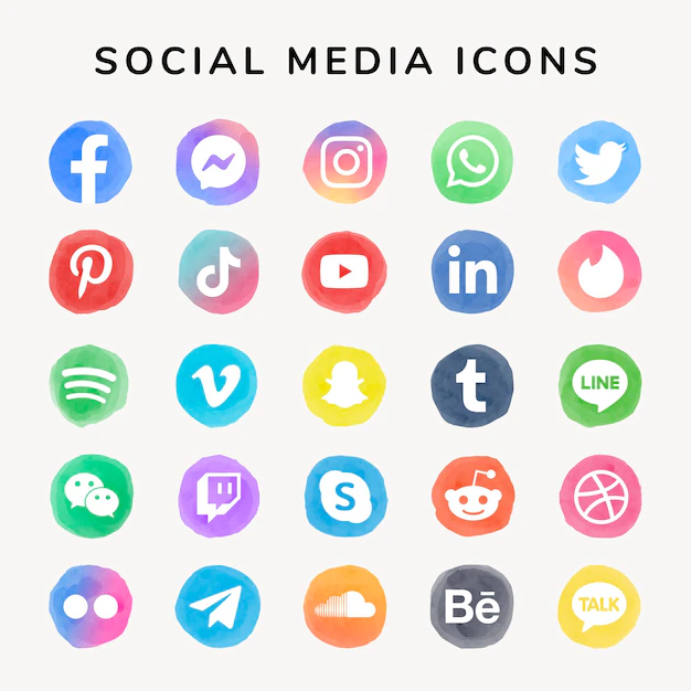 Free Vector | Social media icons vector set watercolor with facebook, instagram, twitter, tiktok, youtube etc