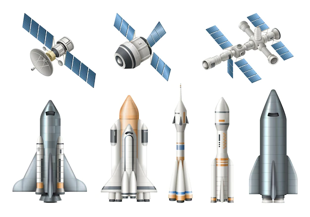 Free Vector | Spacecraft realistic set with isolated rocket satellite shuttle space station on white background vector illustration