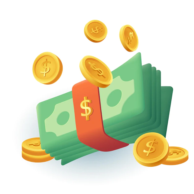 Free Vector | Stack of money and gold coins 3d cartoon style icon. coins with dollar sign, wad of cash, currency flat vector illustration. wealth, investment, success, savings, economy, profit concept