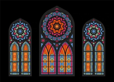 Free Vector | Stained glass colorful mosaic cathedral windows on dark gothic church beautiful interior view clouseup illustration