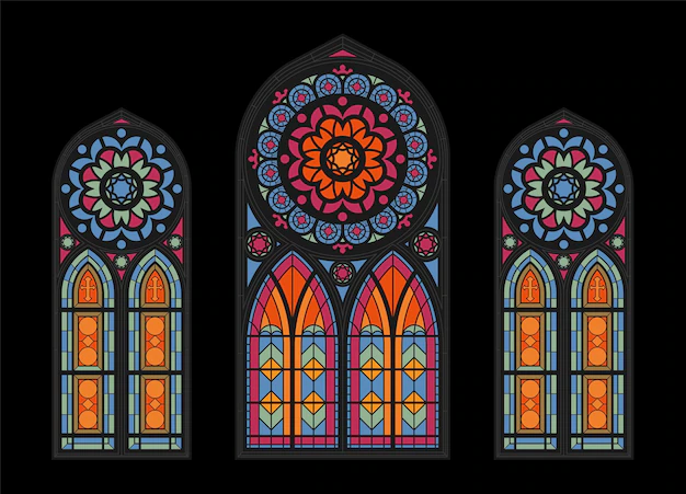Free Vector | Stained glass colorful mosaic cathedral windows on dark gothic church beautiful interior view clouseup illustration