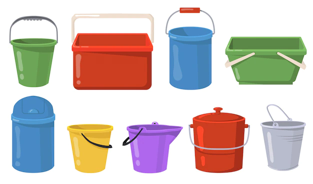Free Vector | Steel and plastic buckets flat illustration set. cartoon metal containers and pails for water or trash isolated vector illustration collection. vessels and stuff concept