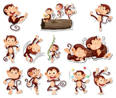 Free Vector | Sticker set of funny monkey cartoon characters