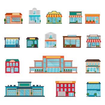Free Vector | Stores and supermarkets big and small buildings icons set