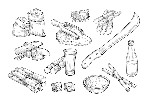 Free Vector | Sugarcane farm elements isolated hand drawn illustration collection