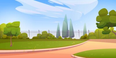 Free Vector | Summer park or garden with green trees bushes grass and fence vector cartoon illustration of empty backyard landscape with plants lawn paths and metal fencing