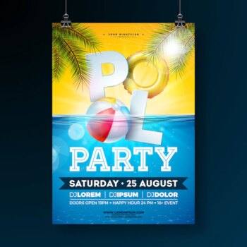 Free Vector | Summer pool party poster template with beach ball and float