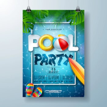 Free Vector | Summer pool party poster template with palm leaves and beach ball