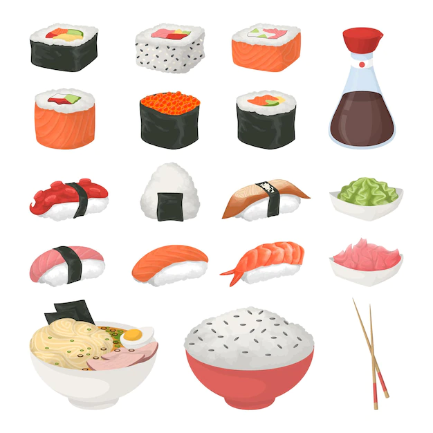 Free Vector | Sushi set on white background rolls and sushi sashimi and soup soy souce