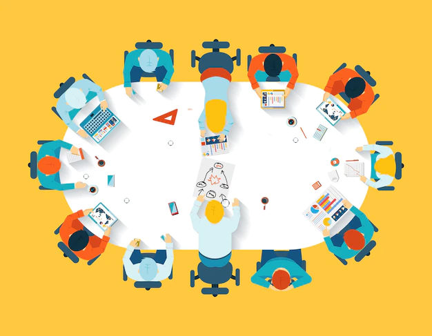 Free Vector | Teamwork. business brainstorming top view. office team, meeting  table, people and company