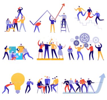 Free Vector | Teamwork icons flat colorful set with people trying to achieve goals together isolated on white
