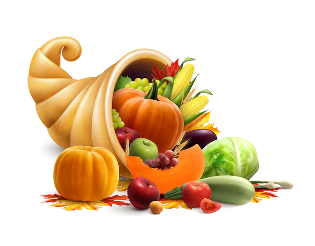 Free Vector | Thanksgiving or golden horn of plenty concept with cornucopia full of vegetables and fruit produce
