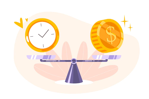 Free Vector | Time is money balance on scale icon. concept of time management, economy and investment. comparison work and value, financial profit. vector flat illustration of coins, cash and watch on seesaw.