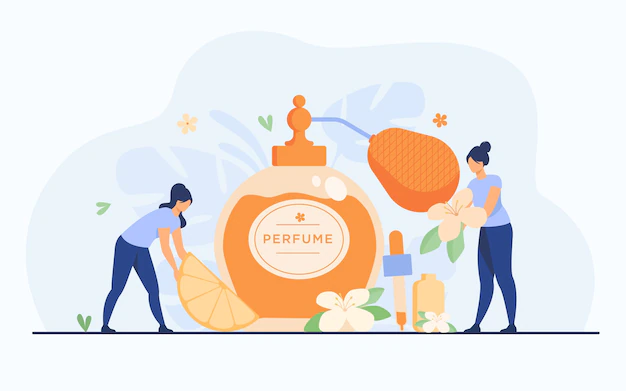 Free Vector | Tiny perfumers creating citrus and flower fresh fragrance, holding blossom and lemon slice near glass flask. vector illustration for perfumery shop and aroma concept.