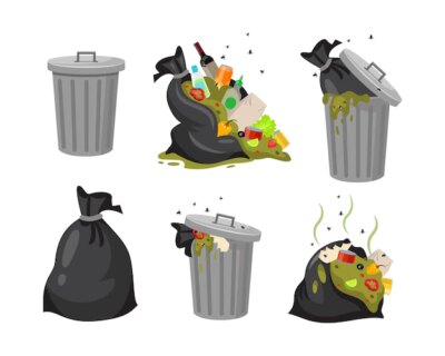 Free Vector | Trash bags and dustbin vector illustrations set. collection of black sacks with food waste, open dirty garbage cans or dumpsters with rubbish or junk on white background. ecology, pollution concept