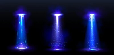 Free Vector | Ufo light beams and glowing rays from alien spaceships at night
