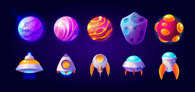 Free Vector | Ufo spaceships and rockets with planets or asteroid isolated. collection cartoon icons set
