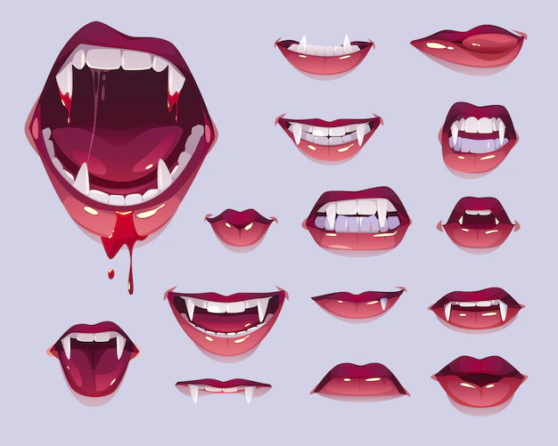 Free Vector | Vampire mouth with fangs set, female red lips