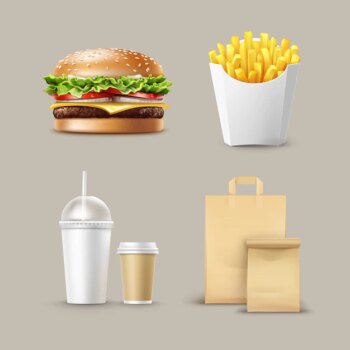 Free Vector | Vector fast food set of realistic hamburger classic burger potatoes french fries in white package box blank cardboard cups for coffee soft drinks with straw and craft paper take away handle lunch bags