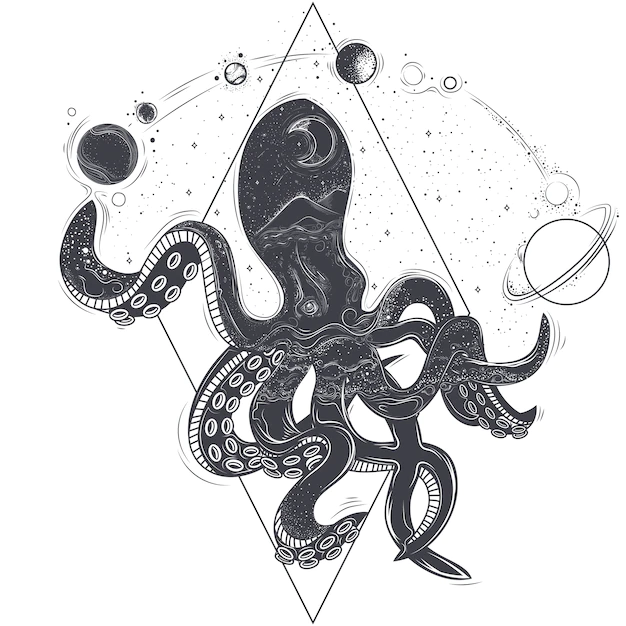 Free Vector | Vector geometric illustration of an octopus and cosmic planets