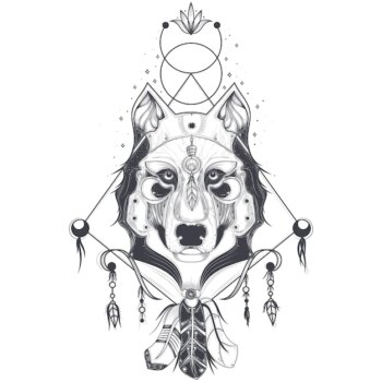Free Vector | Vector illustration of a front view of a wolf head, geometric sketch of a tattoo