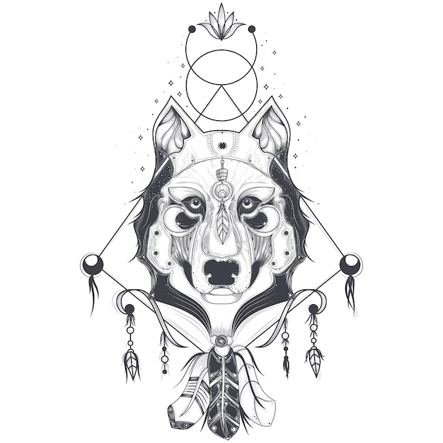 Free Vector | Vector illustration of a front view of a wolf head, geometric sketch of a tattoo