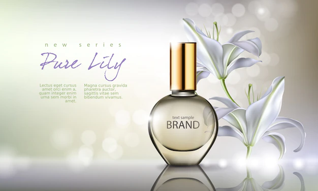 Free Vector | Vector illustration perfume in a glass bottle on a background with luxurious white lily