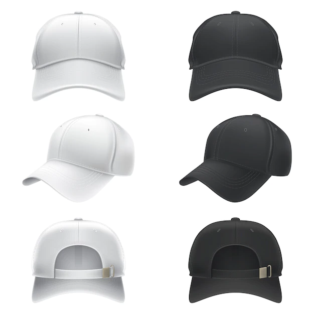 Free Vector | Vector realistic illustration of a white and black textile baseball cap front, back and side view