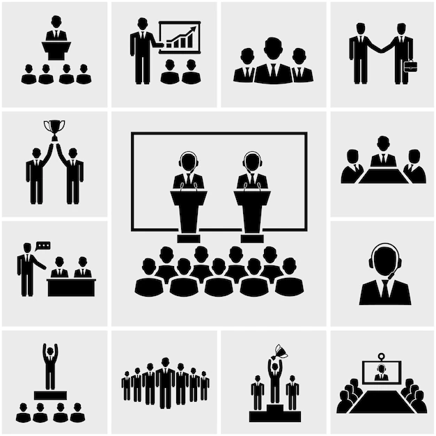 Free Vector | Vector silhouette business conference and presentation icons, meeting people