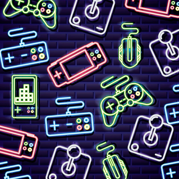 Free Vector | Video game controls on neon style on brick wall
