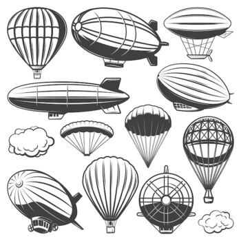 Free Vector | Vintage airship collection with clouds hot air balloons and blimps of different types isolated