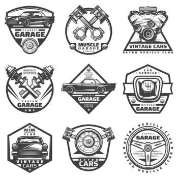 Free Vector | Vintage car repair service labels set with inscriptions and automobile components details parts in monochrome style isolated
