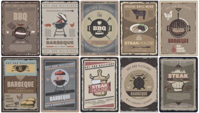 Free Vector | Vintage colored barbecue brochures collection with grill meat sausages burgers bbq tools and equipment isolated