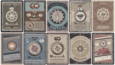 Free Vector | Vintage colored nautical brochures set with text different navigational compasses anchors ships map captain hat octopus isolated