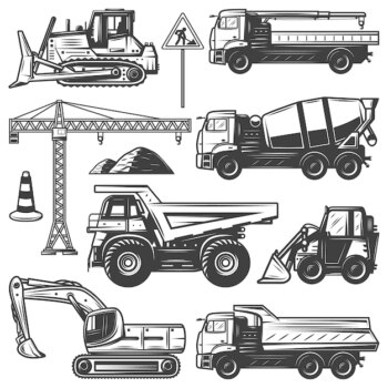 Free Vector | Vintage construction machines set with bulldozers excavator crane building concrete mixer and dump trucks isolated
