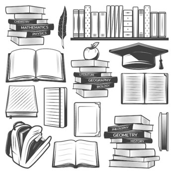 Free Vector | Vintage education elements set with school books textbooks bag apple graduation cap feather isolated