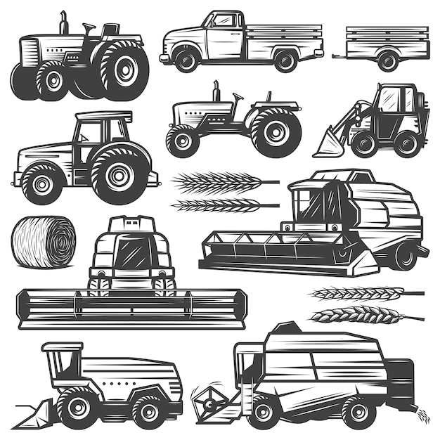 Free Vector | Vintage harvesting transport collection with truck tractors loader combines harvesters hay bale wheat ears isolated