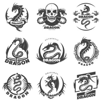 Free Vector | Vintage monochrome dragon tattoo labels set