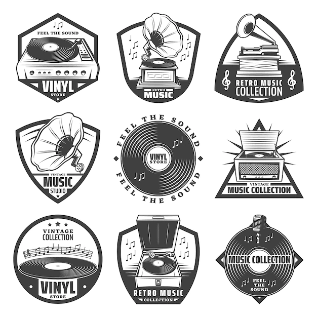 Free Vector | Vintage monochrome gramophone labels set with inscriptions turntable vinyl records phonograph microphone music notes isolated