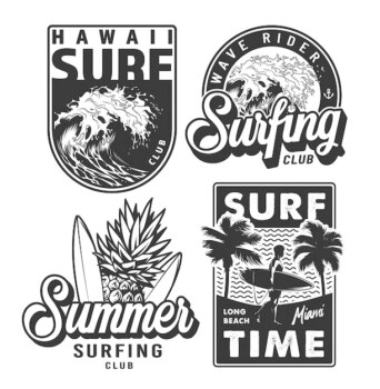 Free Vector | Vintage monochrome surfing prints set
