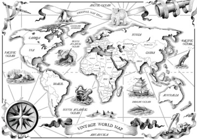 Free Vector | Vintage old world map hand draw engraving style black and white clip art on white