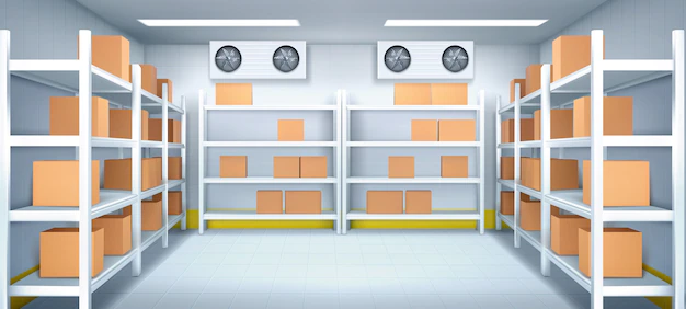 Free Vector | Warehouse interior with boxes on racks