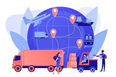 Free Vector | Warehouse worker transporting goods. freight shipping types. business logistics, smart logistics technologies, commercial delivery service concept. pinkish coral bluevector isolated illustration