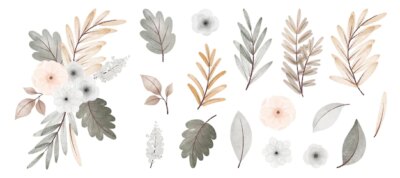Free Vector | Watercolor autumn flowers and leaves collection with bouquet